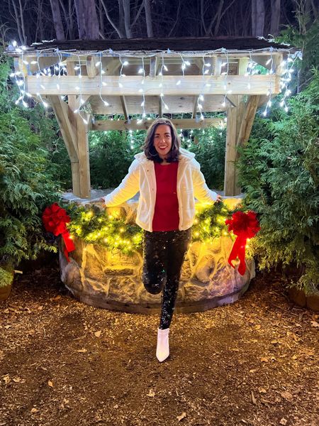 Pink top (size small). White faux fur cropped coat (size small). Black Sequin joggers (size small). White boots (size 8.5). Holiday Party Christmas Outfit #pinktop #whitecoat #croppedcoat #fauxfurcoat #joggers #sequinjoggers #blacksequinjoggers #whiteboots #boots #christmasoutfit #holidayparty Boots Winter Outfit 

#LTKHoliday 

#LTKfindsunder100 #LTKstyletip