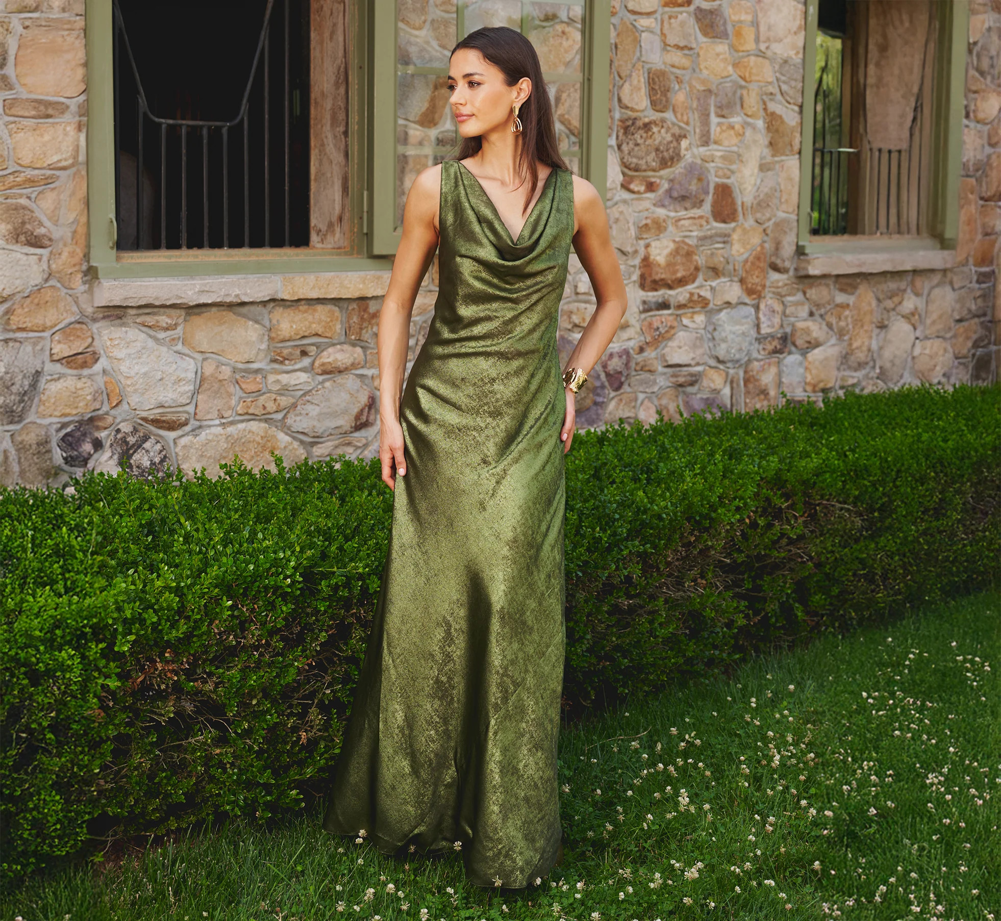 Sleeveless Bias Cut Foil Cowl Gown In Dark Olive | Adrianna Papell