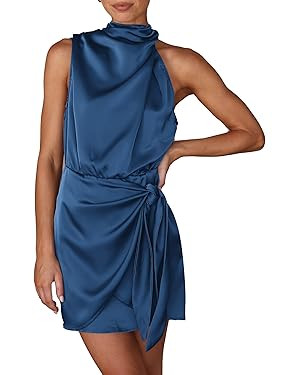 PRETTYGARDEN Women's Short Formal Satin Dress 2023 Summer Sleeveless Mock Neck Tie Waist Cocktail... | Amazon (US)