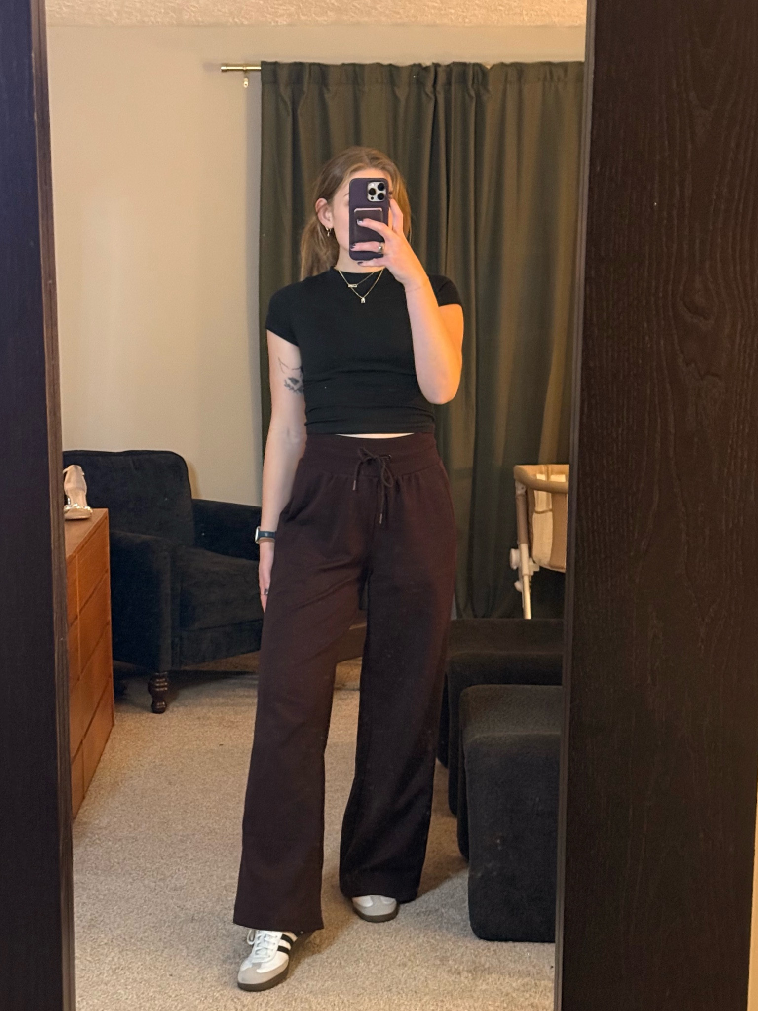 i wish the lighting did these pants justice 😭 this has been my FAV color lately. old navy is so good. 
~wearing small tall for both top & bottom~

#LTKShoeCrush #LTKStyleTip #LTKTravel