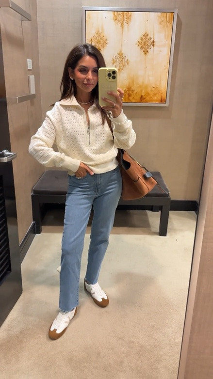 NSale is a great time to also buy Varley pieces! I’m wearing an XS in the sweater and a size 24 in the jeans.