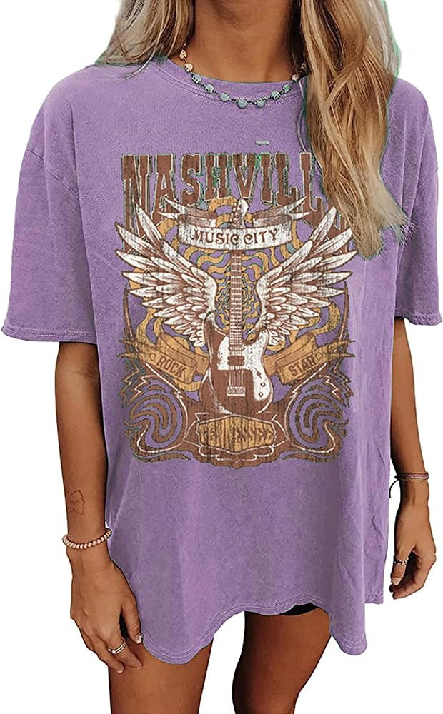 Oversized Rock Band T-Shirt Women Country Music Shirt Tops Nashville Music City Tshirt Vintage Gu... | Amazon (US)