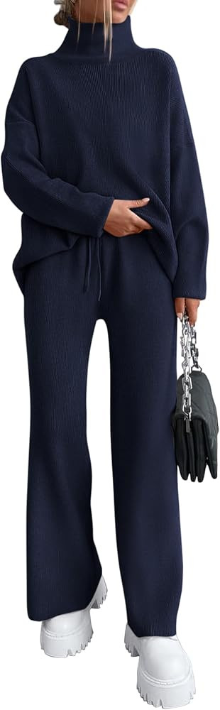 dowerme Women Fall 2 Piece Outfits 2025 Winter High Neck Sweater Sets Drawstring Wide Leg Pant Ch... | Amazon (US)