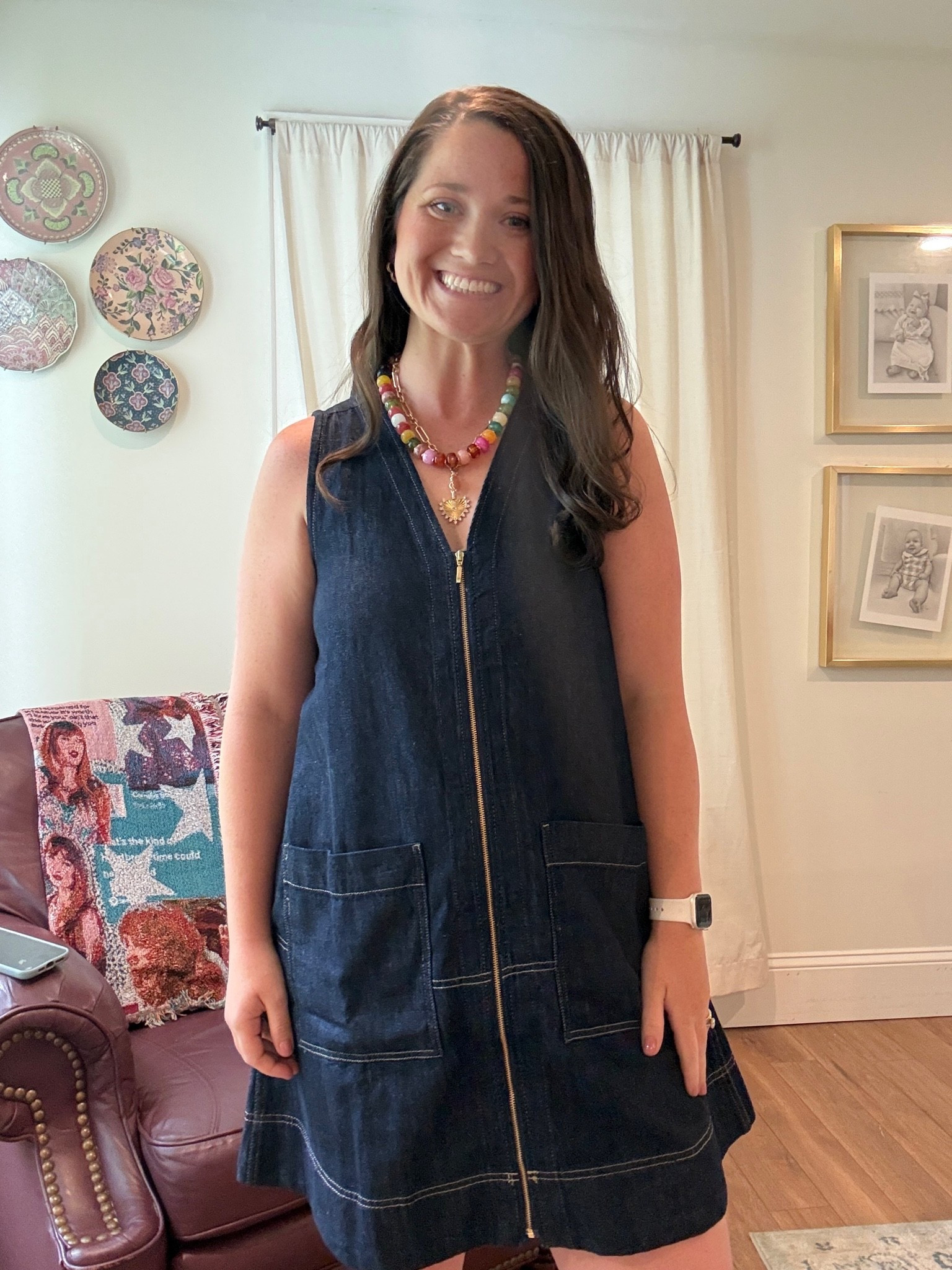Denim dress.