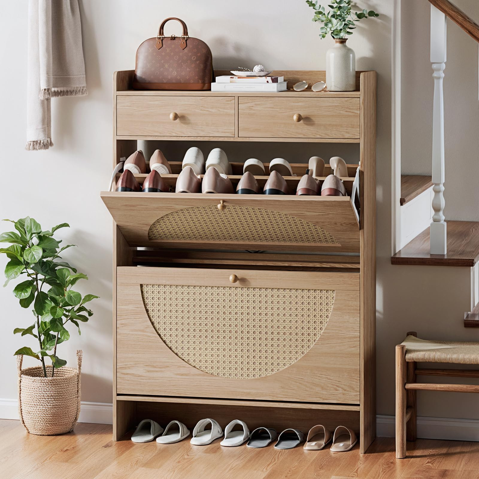 LGHM Shoe Cabinet for Entryway, Rattan Shoe Storage Cabinet with 2 Flip Drawers Doors & 2 Top Dra... | Amazon (US)