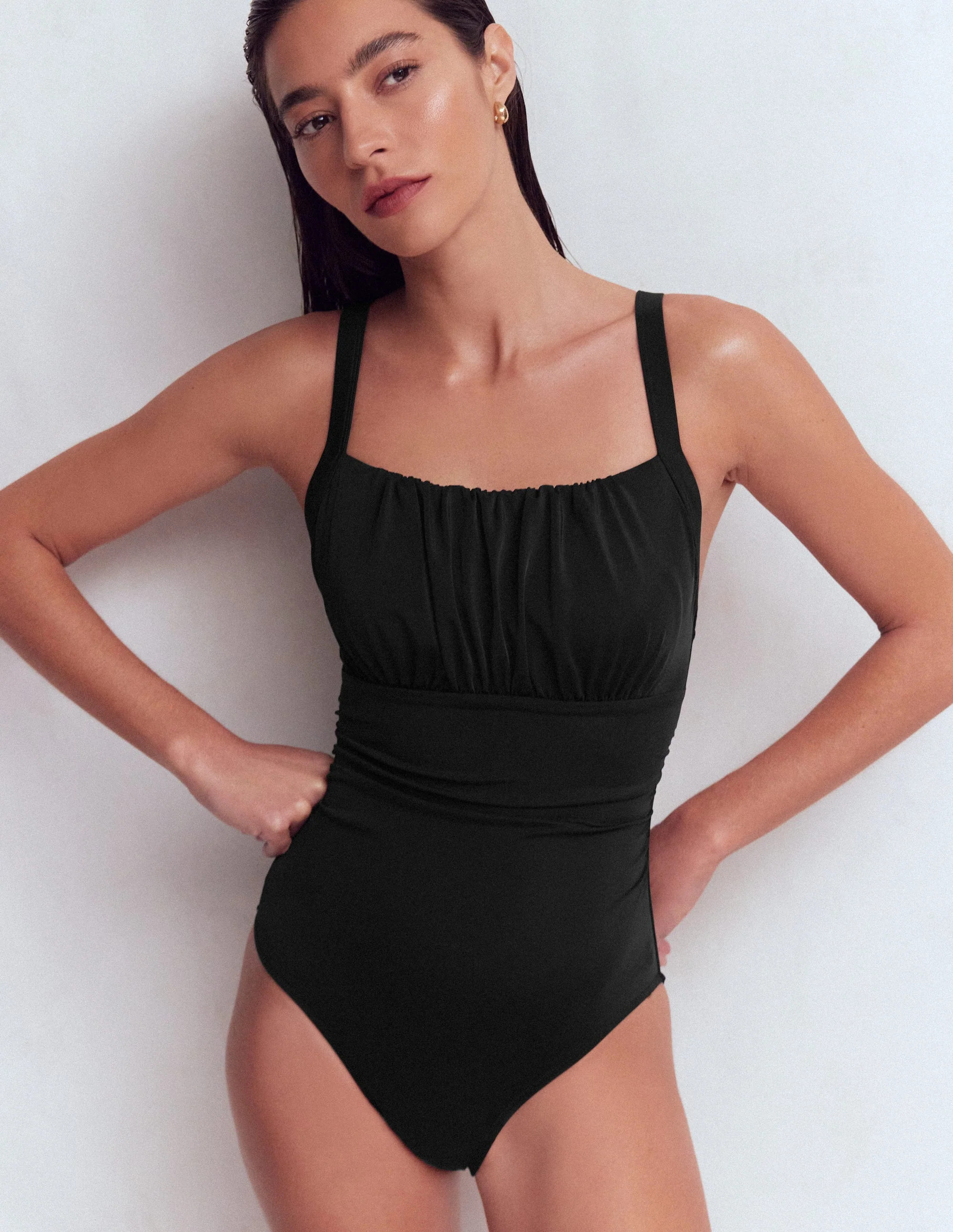 Skiathos Ruched Panel Swimsuit-Black | Boden UK