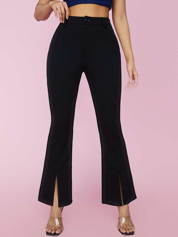 SHEIN PETITE Solid Slit Hem Flare Leg Pants | SHEIN