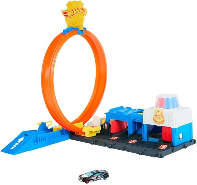 Hot Wheels Toy Car Track Set, Super Police Station Playset with 1:64 Scale Die-Cast Vehicle, Adju... | Amazon (US)