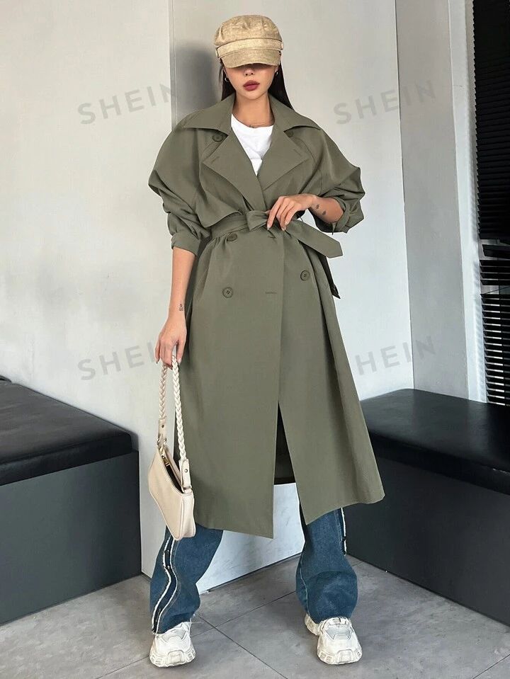 DAZY Raglan Sleeve Double Breasted Trench Coat | SHEIN