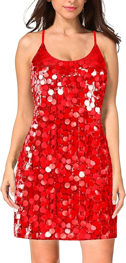 MANER Women's Glitter Sequin Dress Adjustable Spaghetti Strap Sparkle Party Dresses | Amazon (US)
