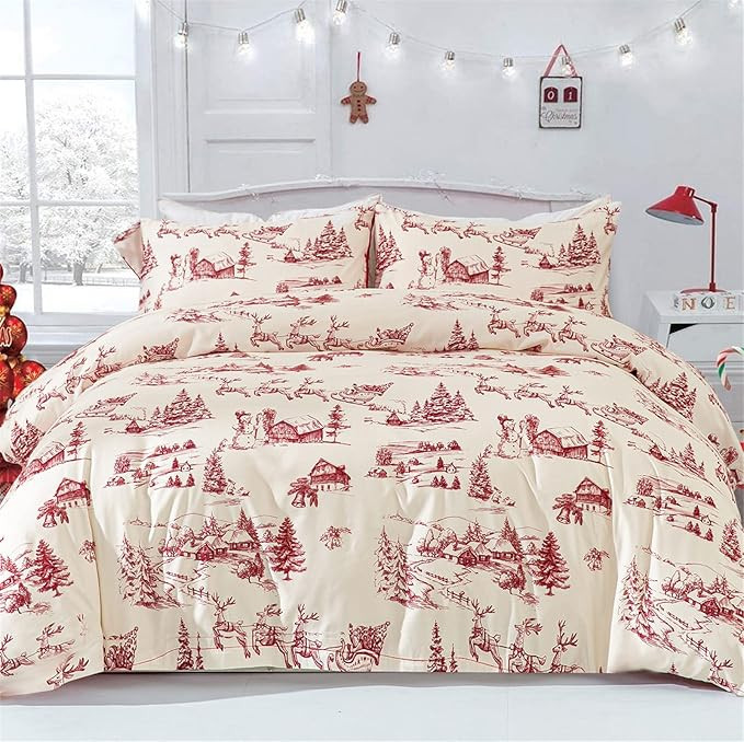 Yiran Red Christmas Duvet Cover Set with 2 Pillowcases,Cream Pink Christmas Deer Snowman Village ... | Amazon (US)