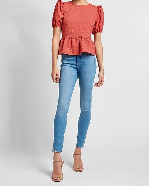 Textured Puff Sleeve Peplum Top | Express