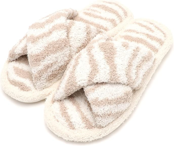 MIRMARU Women’s Animal Print Comfort Fluffy Fuzzy Slip-on House Slippers Open Toe Cross Band In... | Amazon (US)
