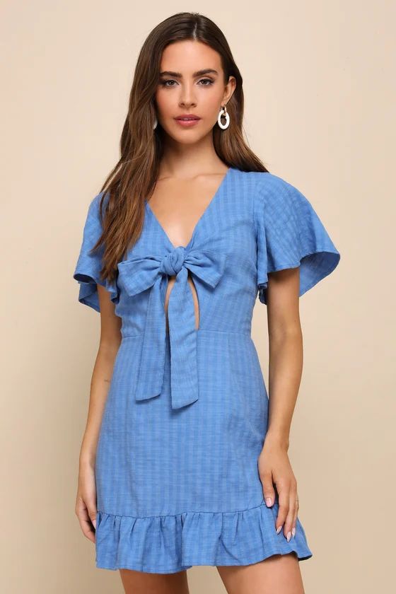 Adorable Sensibility Blue Cutout Tie-Front Ruffled Mini Dress | Lulus