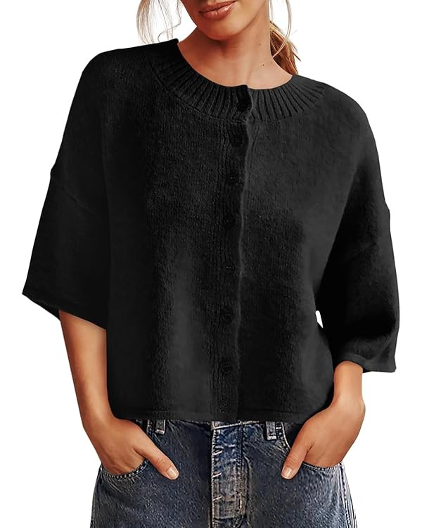 Saodimallsu Womens 3/4 Sleeve Cardigan Sweater Button Down Cropped Crewneck Cardigan 2025 Fall Ca... | Amazon (US)