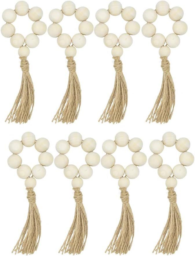 ZTie Set of 8 Farmhouse Beaded Wood Napkin Rings with Tassels Housewarming Gift Table Setting Wed... | Amazon (US)