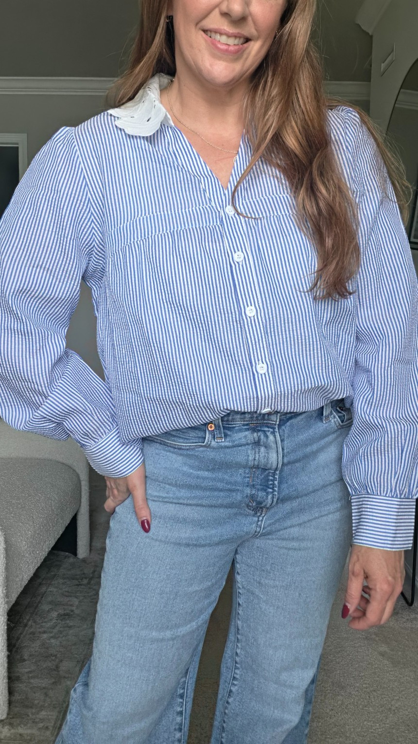 Obsessed with the details on this blue striped button down, especially the sweet scalloped eyelet collar and crinkled gauzy fabric. The lantern sleeves make it such an easy, elevated piece to pair with wide-leg denim.#springstyle #everydayoutfit #casualchic #denimstyle

#LTKOver40 #LTKSeasonal #LTKMidsize