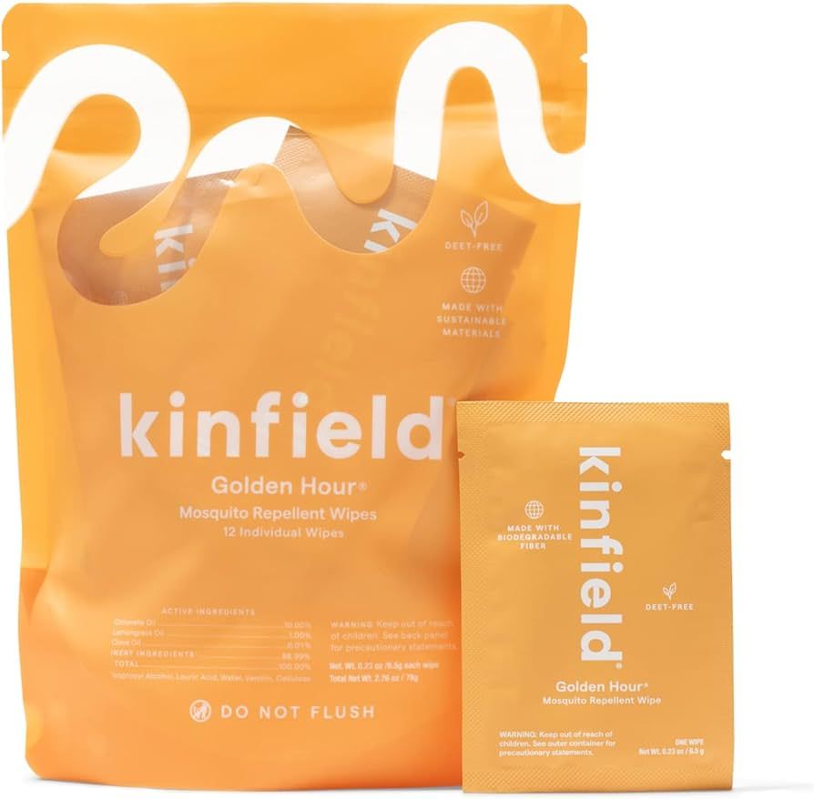 Kinfield Golden Hour Wipes - Natural, Long-Lasting Insect Repellent for Outdoor Adventures and Indoor Use - TSA Approved, Cruelty-Free Skincare - 12 Individually Wrapped Towelettes | Amazon (US)