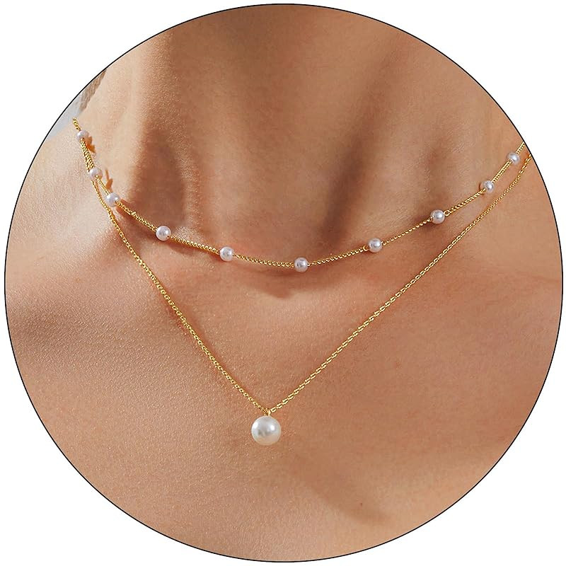 Pearl Necklace for Women Layered Trendy 14K Gold Plated Dainty Pearl Pendant Choker Set Handmade ... | Amazon (US)