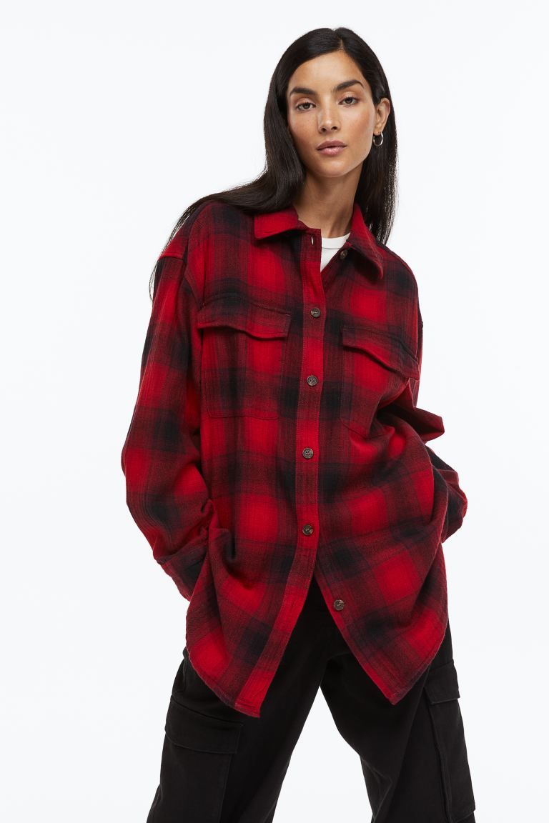 Oversized Twill Overshirt - Red/plaid - Ladies | H&M US | H&M (US)