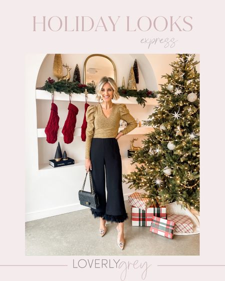 Holiday outfit idea! I love the feather detail on these pants! I am wearing a size 0 - everything is 40% off!  

Loverly Grey, Express sale

#LTKHoliday #LTKstyletip #LTKsalealert