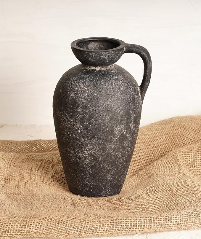 Terracotta Vase with Handle, Black Boho Ceramic Pottery 10inch, Farmhouse Unique Textured Round J... | Amazon (US)