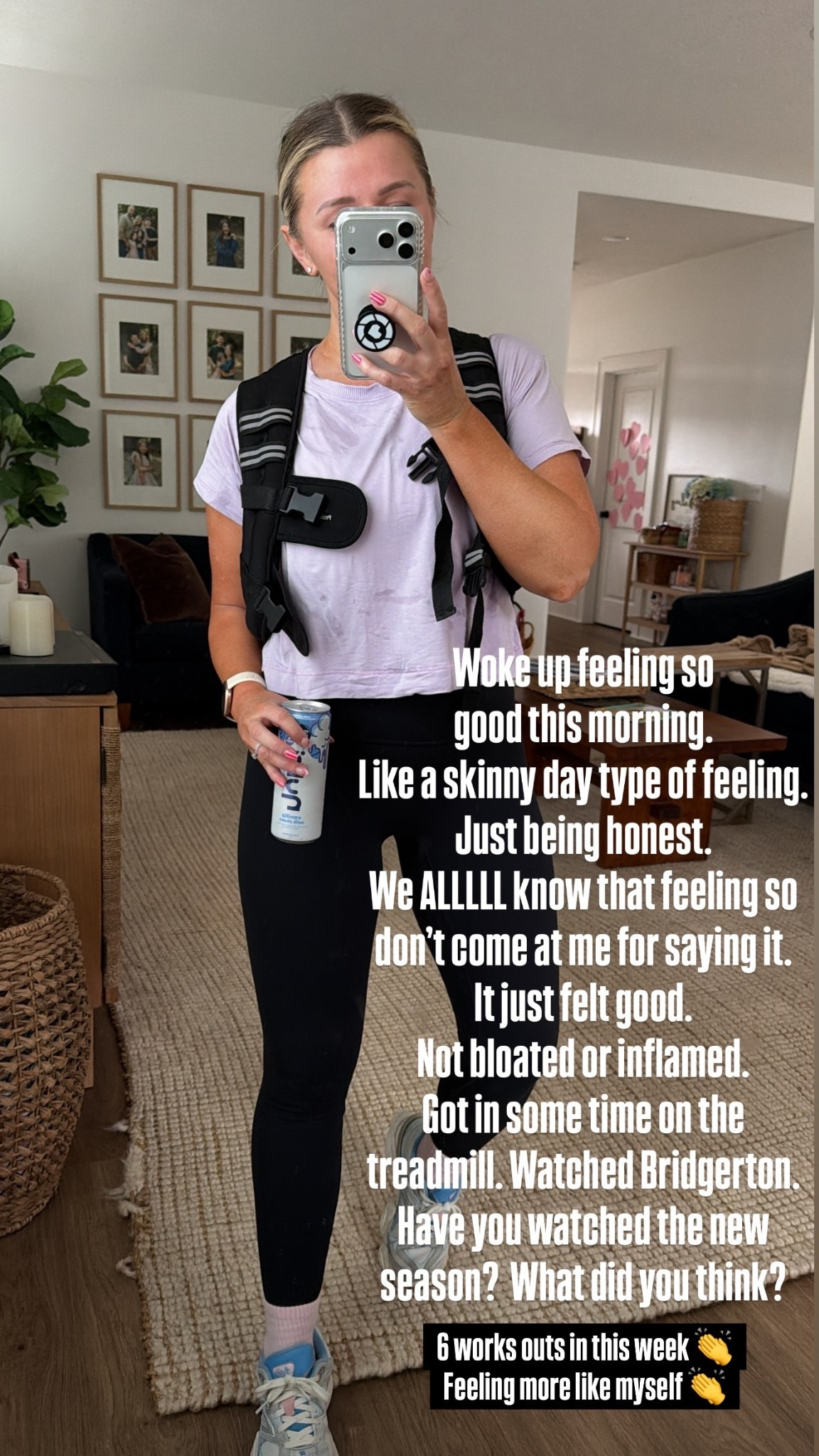 Woke up feeling so
good this morning. 
Like a skinny day type of feeling. Just being honest.
We ALLLLL know that feeling so don’t come at me for saying it.
It just felt good. 
Not bloated or inflamed. 
Got in some time on the treadmill. Watched Bridgerton.
Have you watched the new season?  What did you think?  6 works outs in this week 👏
Feeling more like myself 👏

Today’s light work:
35 minute treadmill incline walk with the 10lb weighted vest. Speed 3.3 
No holding on incline walk. 

Medium @Spanx tee 
Small work out leggings 
Sneakers run big! Size down 1/2 size to a full size 


#LTKActive #LTKdayinmylife #LTKfitnessgoals