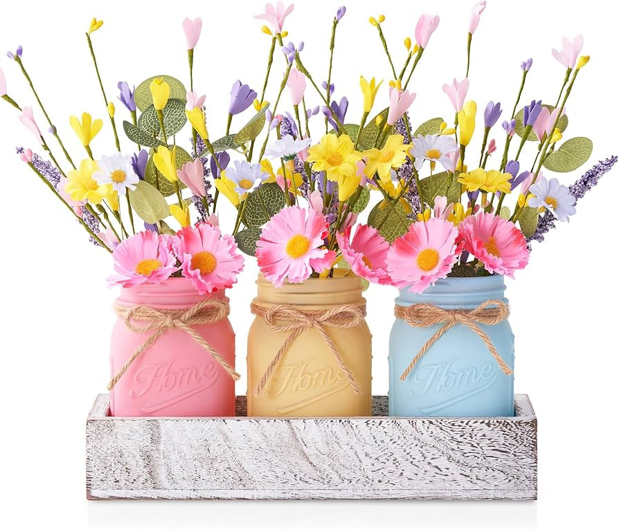 Mason Jar Spring Easter Table Decor, Centerpieces for Tables with Daisy Artificial Flowers, Farmh... | Amazon (US)