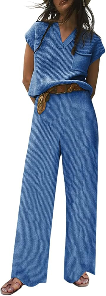 EVALESS Lounge Sets for Women Fall Two Piece Outfits Sleeveless V Neck Knit Pullover Tops and Wid... | Amazon (US)