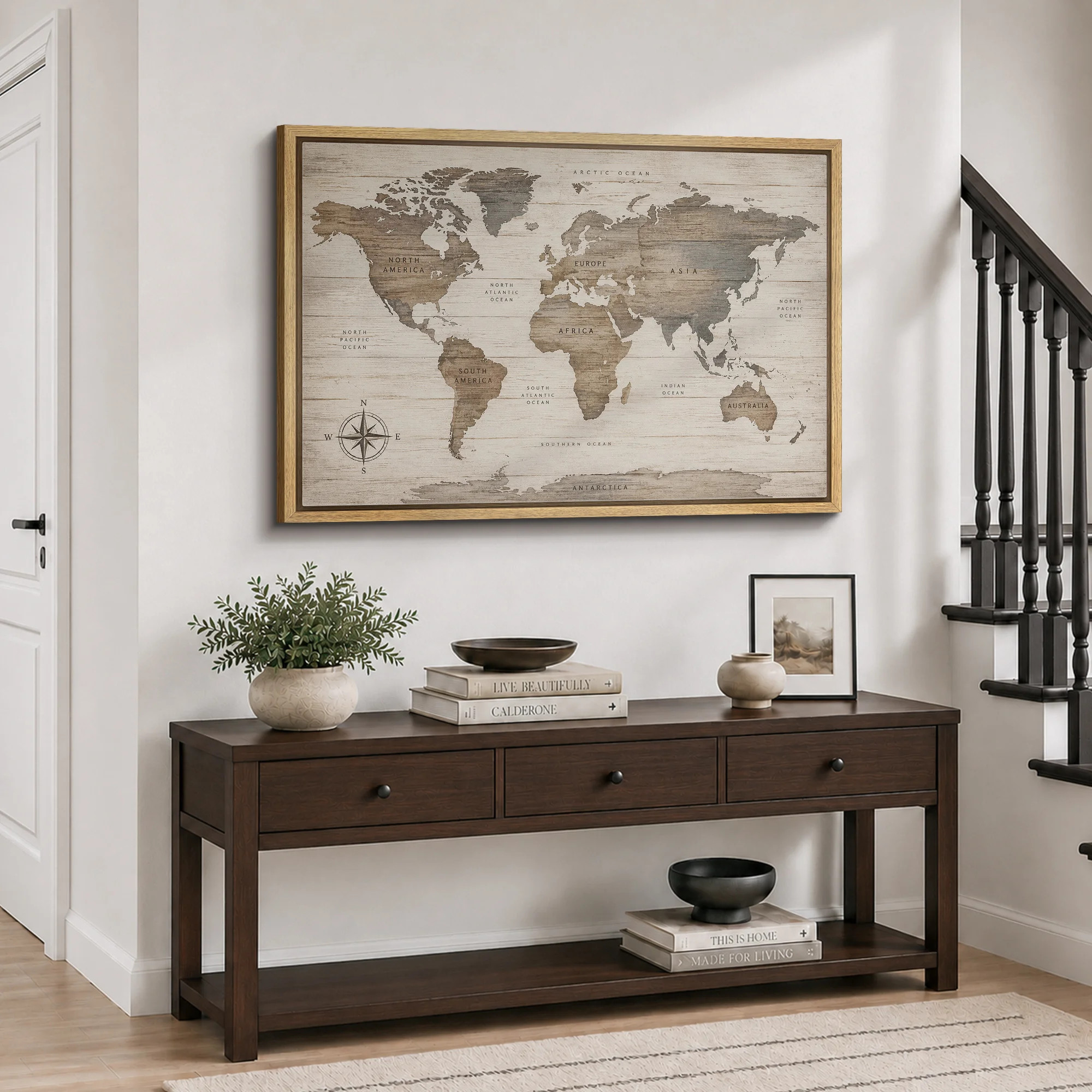 Rustic World Map Artwork, Office Pictures, Framed Canvas Giclee Print Wall Art | Wayfair North America