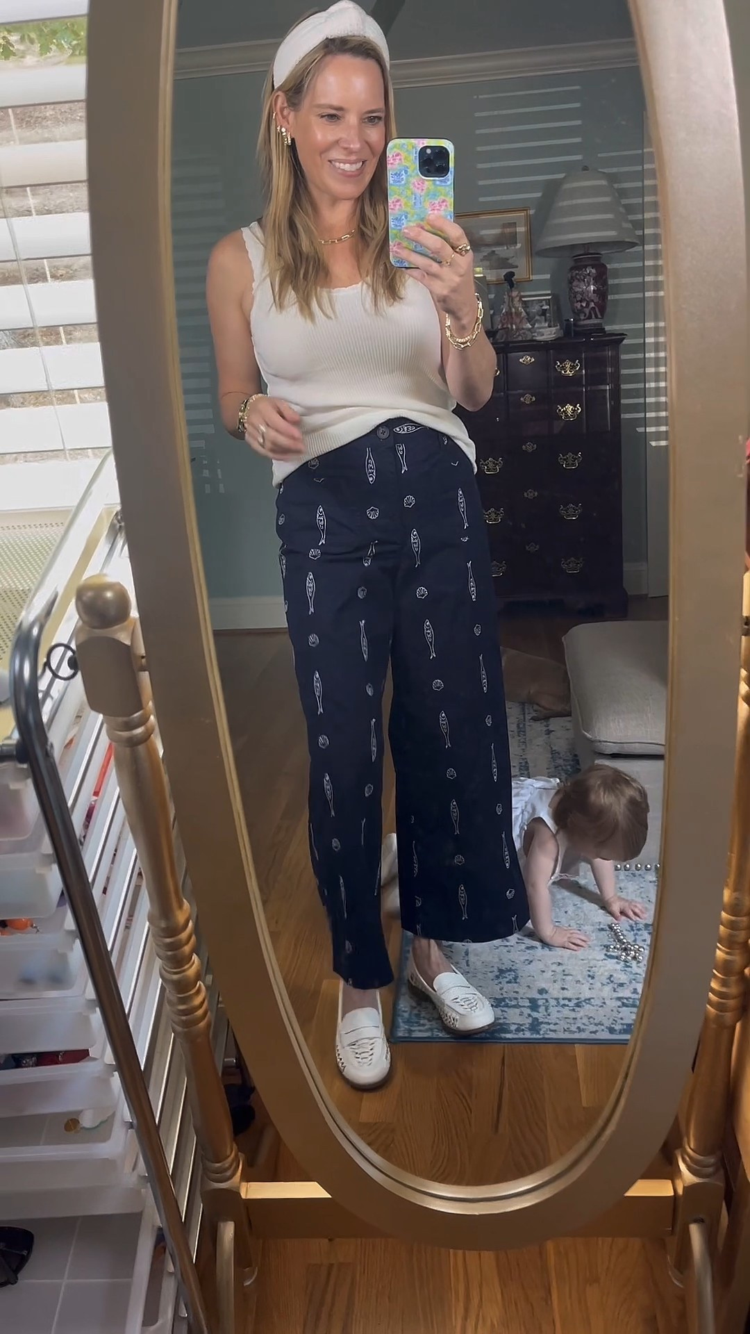 🐟🫧 WHIMSICAL COASTAL STYLE ON A BUDGET 🫧🐟
These Free Assembly embroidered pants are an absolute Walmart win — fun, breezy, and so easy to style for everyday summer life! The navy wide-leg silhouette features playful white fish and swirl stitching with patch pockets for a laid-back, beachy vibe 🌊

I’m wearing a size XS in the pants — they’re high-waisted with a cropped 26” inseam, hitting just above the ankle on my 5’3” frame. They’re comfy but structured — a perfect pick for park playdates or casual errands with your little sidekick 💕👶

Styled here with a cream textured tank, leather woven loafers, and my signature white headband. I finished the look with my go-to gold stack from Melinda Maria — don’t forget to use PREPPYREBEL for 10% off!

⸻

🛍️ Outfit Details:
	•	Pants: Free Assembly Embroidered Pants (Size XS)
	•	Top: Cream textured tank (similar linked)
	•	Shoes: Leather white woven loafers
	•	Accessories: White headband + Melinda Maria jewelry – use code PREPPYREBEL for 10% off! ✨

#WalmartFashion #FreeAssemblyFinds #LTKunder30 #SummerStyle #CoastalPreppy #MelindaMaria #PREPPYREBEL #MomStyle #LTKbaby #ClassicStyle #PreppyCasual 🐚💙👜

#LTKFindsUnder100 #LTKPetite #LTKFindsUnder50

#LTKFindsUnder50 #LTKOver40 #LTKFindsUnder100