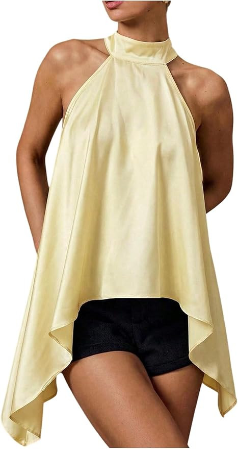 Verdusa Women's Halter Tops Satin Asymmetrical Top Going Out Club Outfits | Amazon (US)