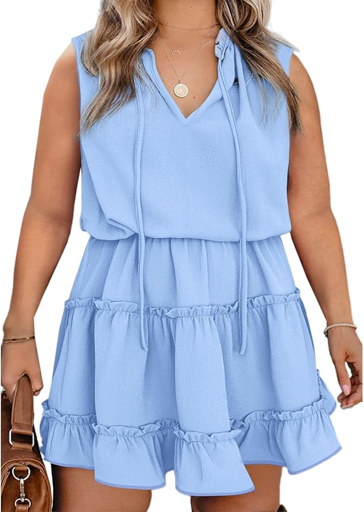 Eytino Womens Plus Size Sleeveless V Neck Drawstring Ruffle Tiered Chiffon Mini Short Dresses,(1X... | Amazon (US)