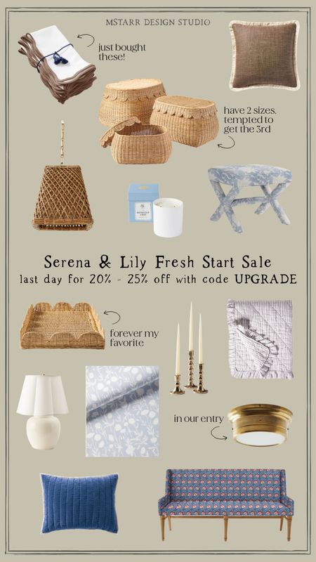 Final day for the Serena & Lily Fresh Start Sale. 20-25% off your order with code UPGRADE. 

Home decor, furniture, lighting, pendant, wicker, British design, upholstered furniture, custom upholstery, scallops, table lamp, throw pillows  

#LTKsalealert #LTKhome #LTKFind