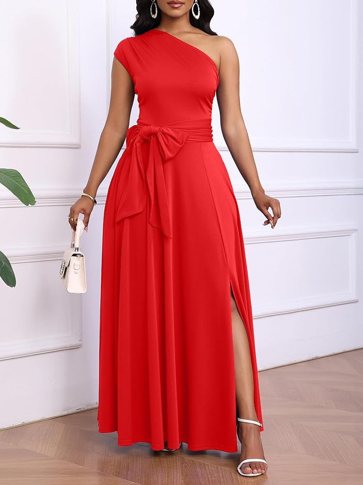 Ekaliy Women's One Shoulder Belted Maxi Dress Long Formal Wedding Guest Dress with Pockets | Amazon (US)