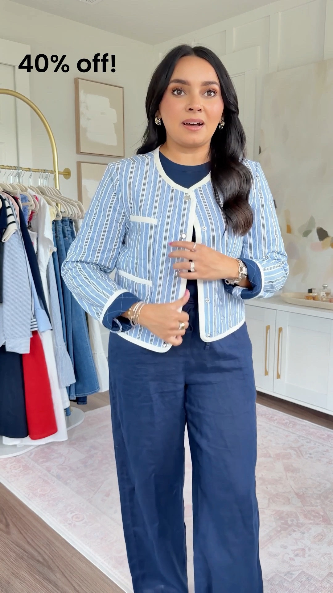 Blue cropped lady jacket size xs TTS
Navy tee size xs TTS
Navy linen pants size xs regular TTS
Brown sandals are hermes, similar linked

#LTKootd #LTKPetite #LTKSaleAlert