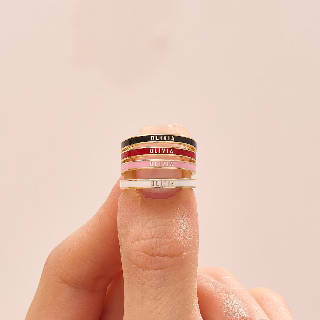 14k Solid Gold Personalized Wedding Band Name Custom Marriage Ring Women Colorful Enamel Band Sli... | Etsy (US)