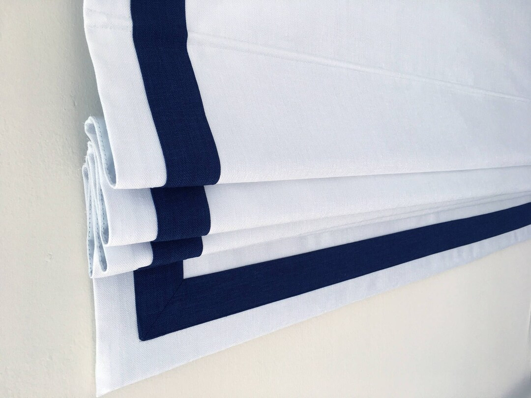 Cordless Roman Shade, Custom Roman Shade, White Shade With 2 Navy Border, Cordless Roman Shade, R... | Etsy (US)