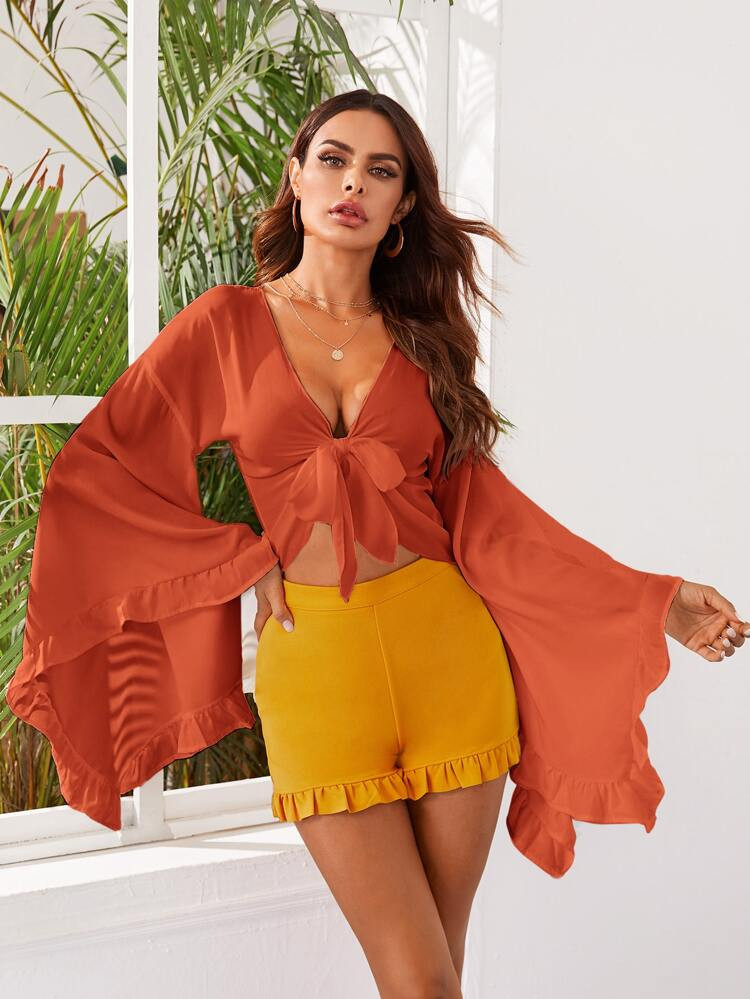 Ruffle Trim Flounce Sleeve Tie Front Crop Top | SHEIN