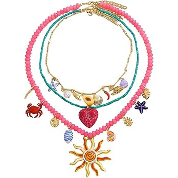 Bohemian Beaded Necklace for Women, Sun Sea Star Crab Shell Heart Pendant Necklace, Multichain Se... | Amazon (US)