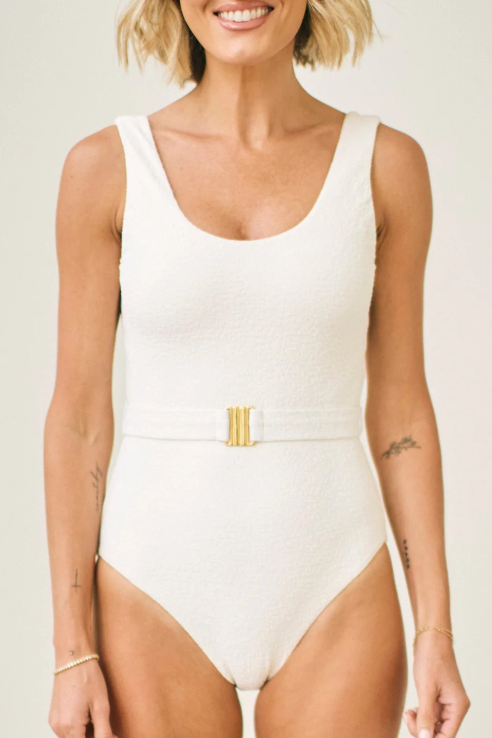 Joan Belted One-Piece Swimsuit in White Haze - Preorder Exclusive | Hermoza