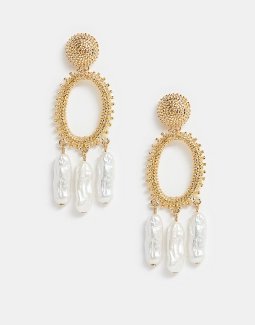 ASOS DESIGN earrings in engraved open circle design with faux freshwater pearl drops in gold tone | ASOS UK