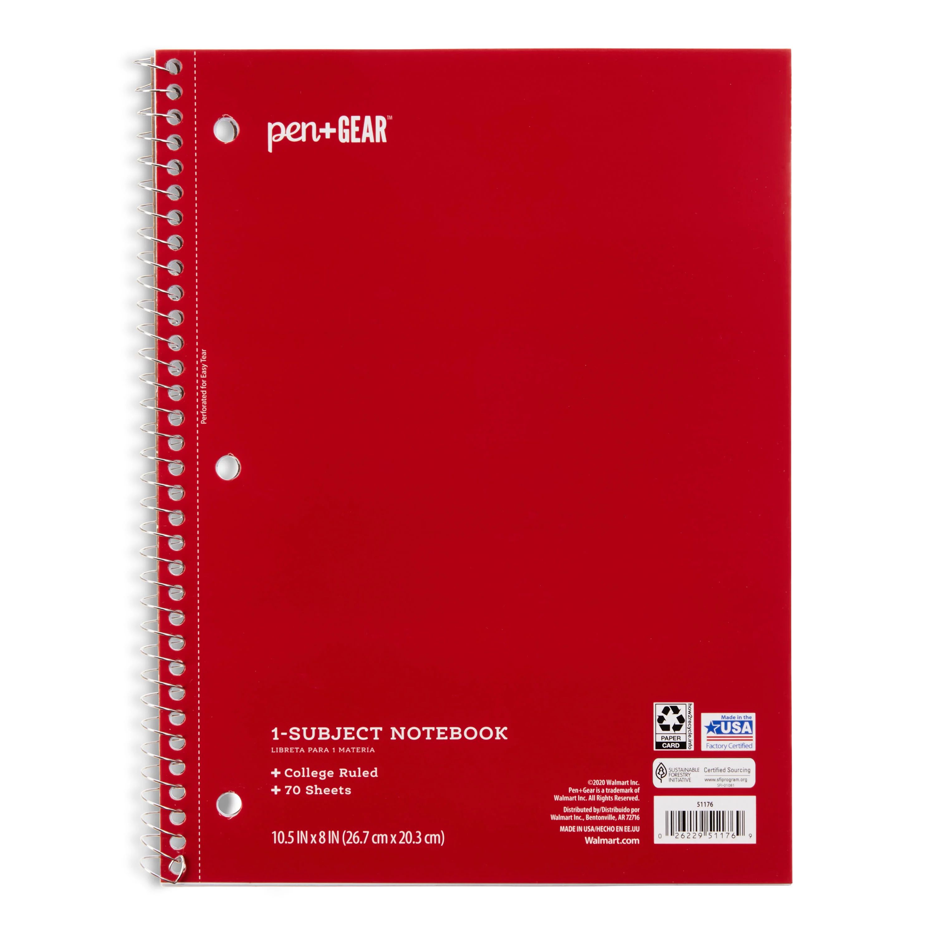 Pen+Gear 1-Subject Notebook, College Ruled, Red, 70 Sheets - Walmart.com | Walmart (US)