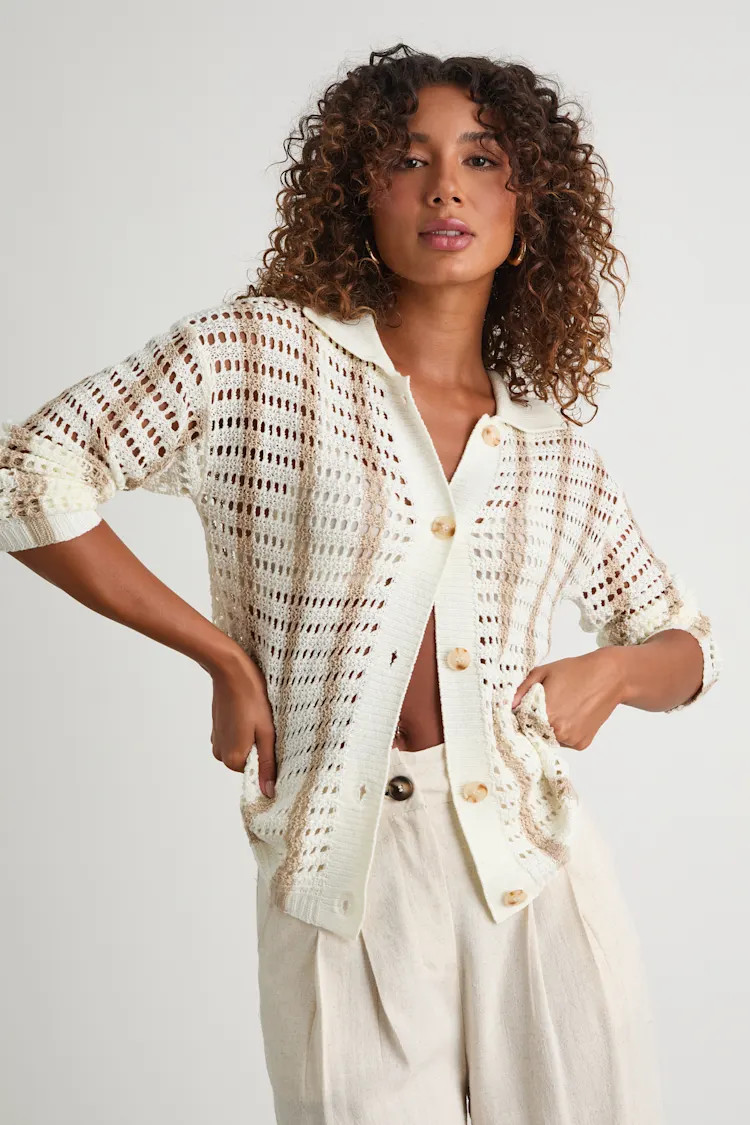 Maysen Ivory and Beige Striped Crochet Collared Cardigan | Lulus