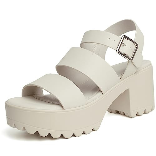 GOUPSKY Platform Sandals for Women Chunky Heels Lug Sole Open Toe Block Heeled Ankle Strap Shoes Cream 9.5 | Amazon (US)