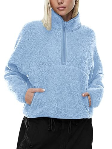 LASLULU Womens Half Zip Pullover Sherpa Jacket Fleece Faux Fur Teddy Cropped Jackets Sweatshirt Fuzzy Sweaters 2025 Warm Fall Winter Jackets Outfits Clothes (Light Blue,XX-Large) | Amazon (US)