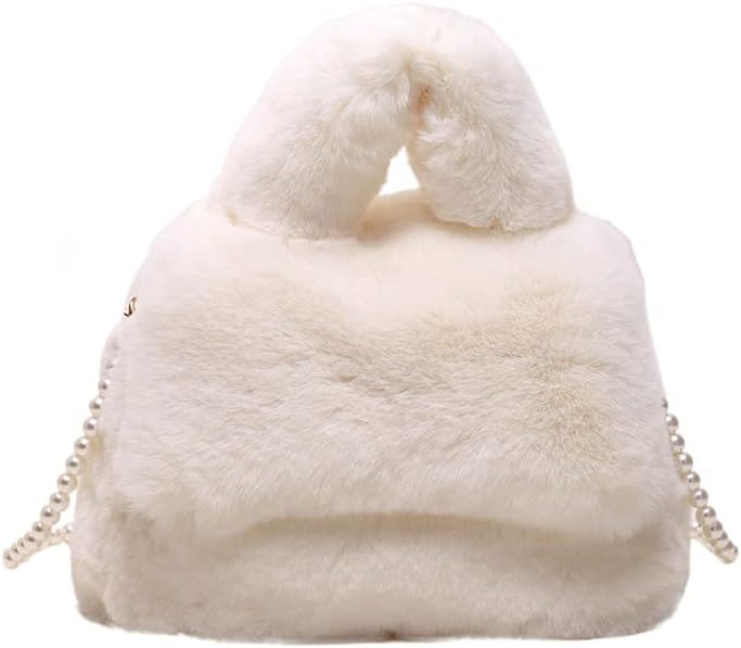 JQAliMOVV Fluffy Tote Bag, Fuzzy Fur Tote Bag Aesthetic Y2k Plush Handbag Purse Pearl chain Shoul... | Amazon (US)