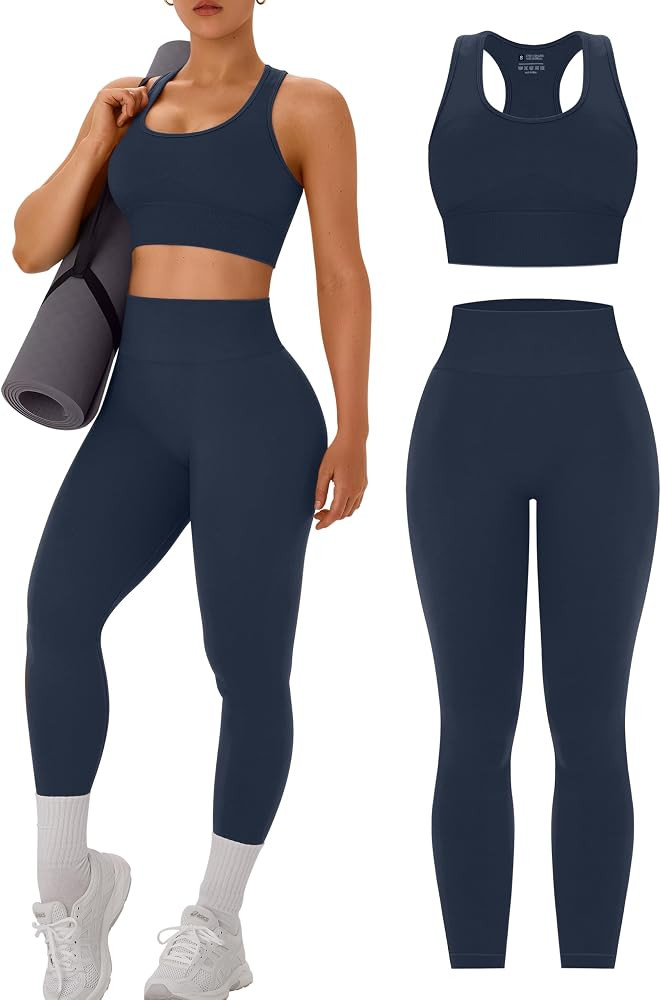 OLCHEE Womens Workout Sets 2 Piece Racerback Sports Bra High Waist Leggings | Amazon (US)
