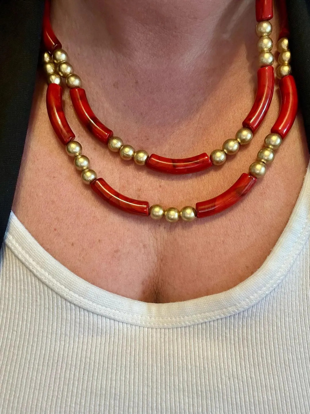Red Beaded Statement Necklace: Gold Tone Double Strand, Vintage Boho - Etsy | Etsy (US)