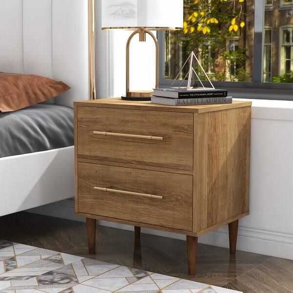 Furniture of America Quinset Mid-Century Modern Oak 2-Drawer Nightstand - On Sale - Overstock - 3... | Bed Bath & Beyond